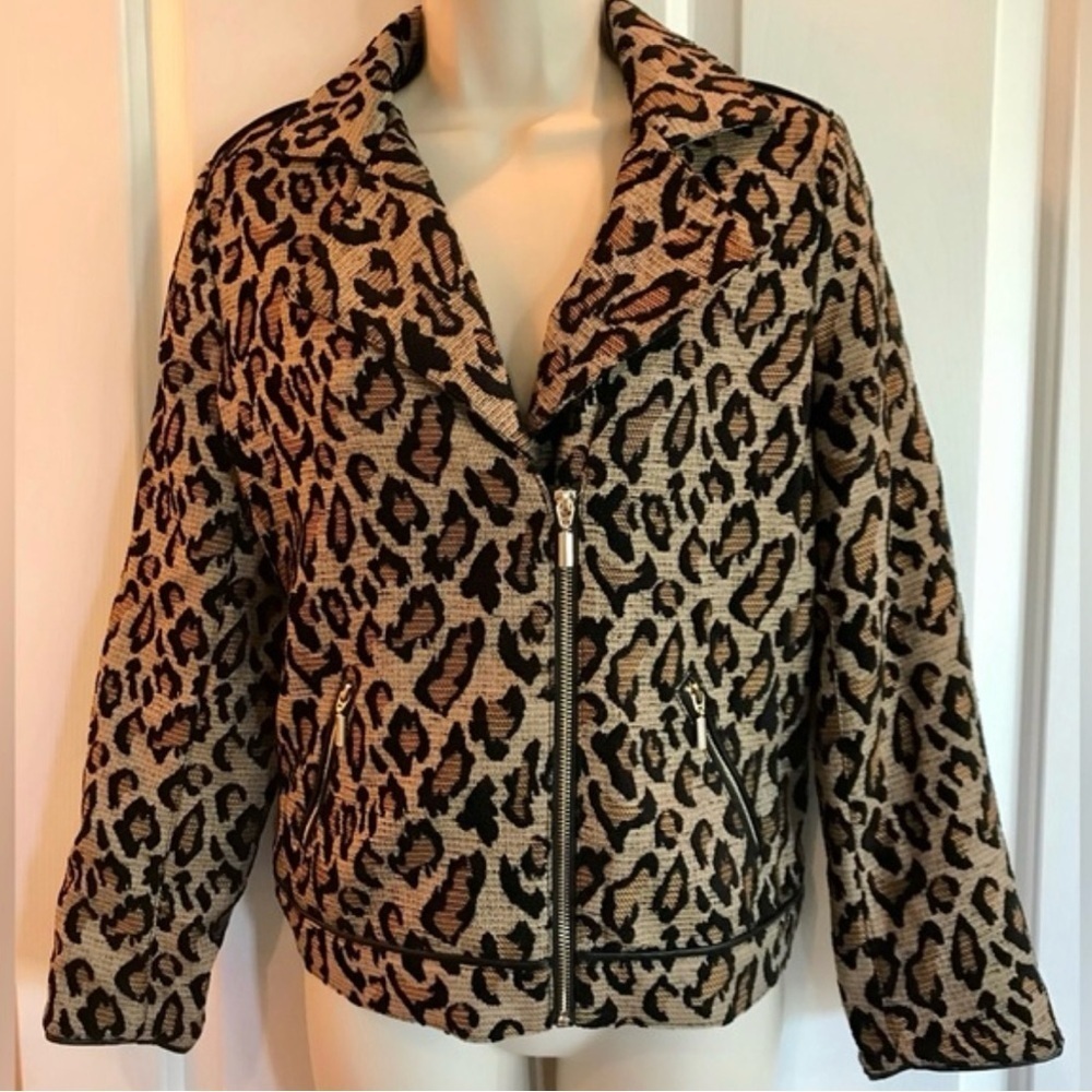 Chico’s Animal Print Jacquard Moto Style Jacket Long Sleeve Black/Tan Size 2